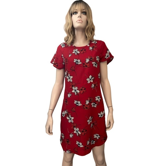 Banana Republic Shift Dress Red Hibiscus Print Fluted Sleeve Rounded Hemline - Picture 2 of 14